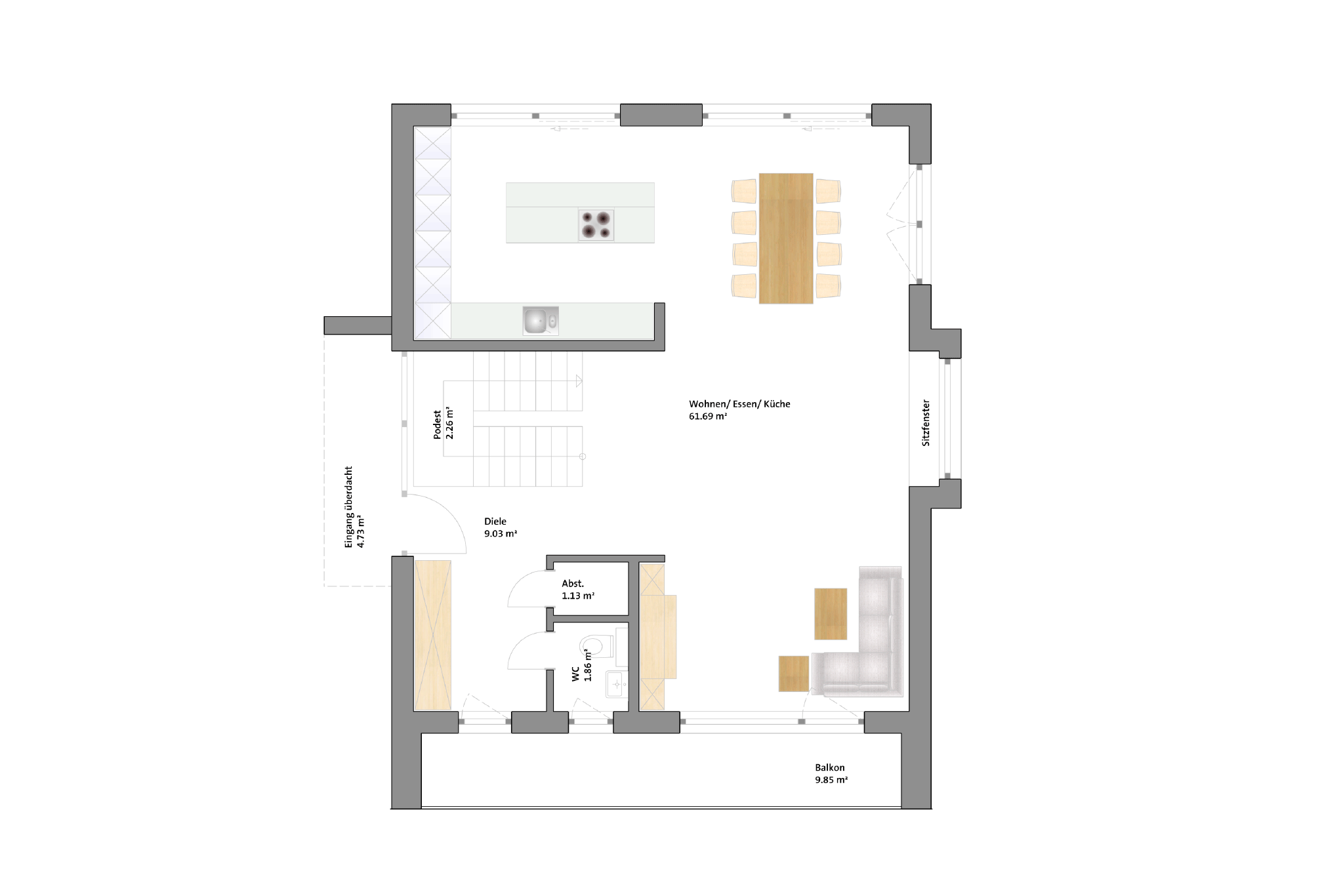 modernes Satteldachhaus mit Holzverschalungen - Erdgeschoss